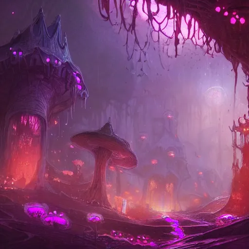 Image similar to concept art detailed painting of a dark purple fantasy fairytale fungal town made of mushrooms, with glowing blue lights, in the style of jordan grimmer and neil blevins and wayne barlowe