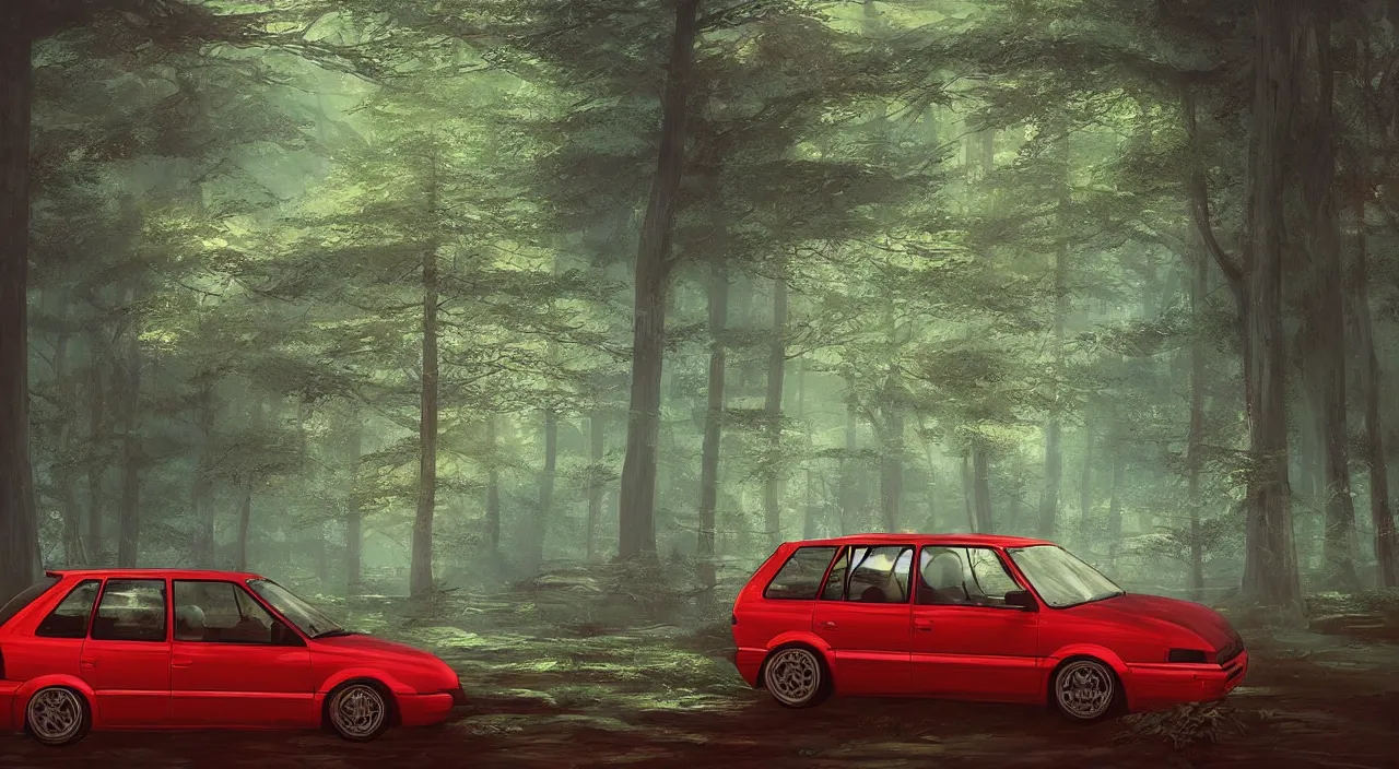 Prompt: A red 90s Volkswagon Golf in the middle of the forest, time of day is dusk，by Makoto Shinkai and Thomas Kinkade, fantasy matte painting, trending on cgsociety and unreal engine，light effect，highly detailed，super wide angle，