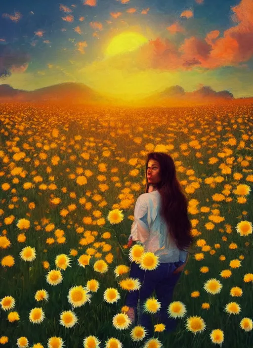 Image similar to portrait of a female face made of giant daisies, standing in a flower field, holding flowers, surreal photography, sunset dramatic light, impressionist painting, colorful clouds, large sky, digital painting, artstation, simon stalenhag