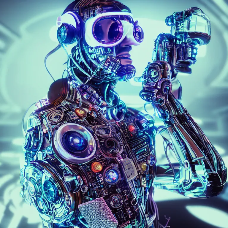 Image similar to octane render portrait by wayne barlow and carlo crivelli and glenn fabry, a cybernetic sythwave cyberpunk futuristic dj with glowing 8 - bit display goggles and a giant clear plastic ventilator mask connected to a long ribbed tube, light from futuristic dj dashboard, cinema 4 d, ray traced lighting, very short depth of field, bokeh