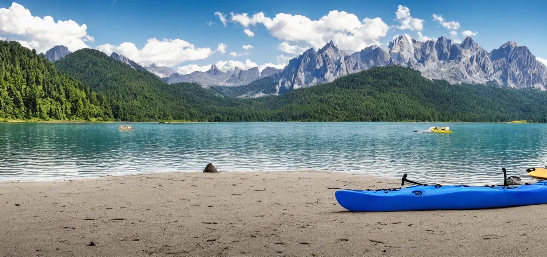 Image similar to a beautiful image of a breathtaking lake with amazing mountains in the background, there is a kayak in the foreground on the beach. landscape image