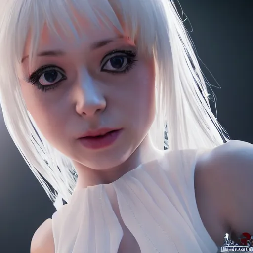 Prompt: a high definition photo of a young cosplayer with twin tails, wearing white dress, symmetric and beautiful face, photo taken with Sony a7R, Unreal Engine 5, 8k, HD