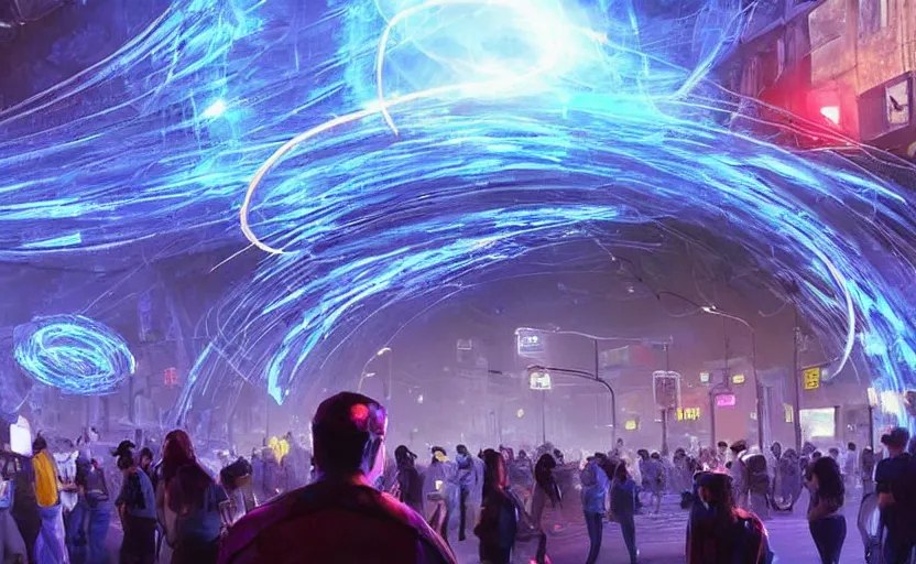 Image similar to crowd of crazy people with posters attacking cops in front a huge blue spiral - shaped bright white luminous attractor that is floating and stores in los angeles with light screens all over the street, concept art, art for the game, professional lighting, night lighting from streetlights