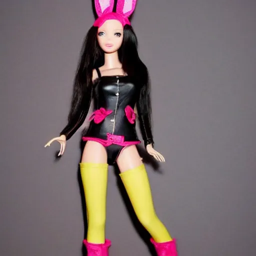 Image similar to anime barbie doll, leather bunny costume bodysuit, playboy, rabbit ears, plaid tights, full length, raspberry banana color, lace