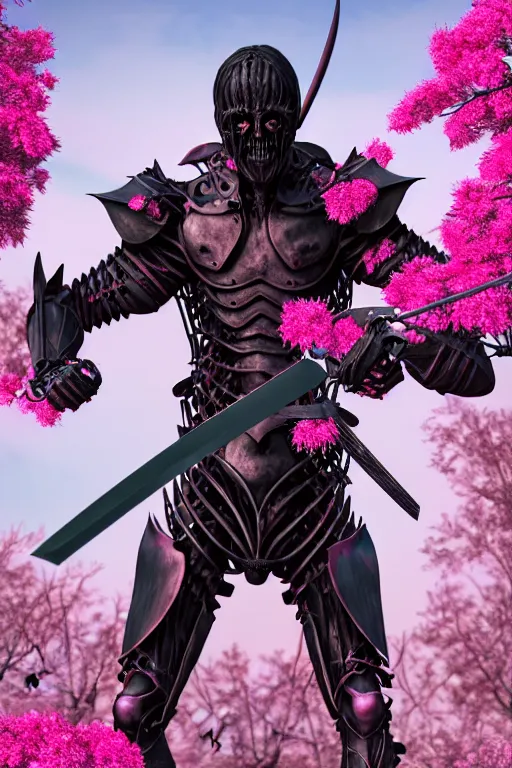 Image similar to hyperrealistic neo - gothic muscular human demon hybrid, exoskeleton armor, holding katana, field of pink flowers, highly detailed digital art masterpiece, vitaly bulgarov dramatic dark teal light, ground angle hd 8 k, sharp focus