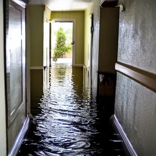 Image similar to flooded hallway in a cozy house, oddly familiar, liminal, unsettling,