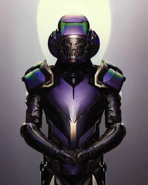 Image similar to character concept of iridescent sinewy smooth muscular male sleek glossy indigo black pearlescent onyx scifi armor with smooth black featureless tron helmet, by greg rutkowski, mark brookes, jim burns, tom bagshaw, magali villeneuve, trending on artstation