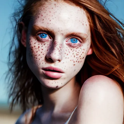 Image similar to a beautiful professional photograph for the cover of vogue magazine of a beautiful lightly freckled and unusually attractive female fashion model looking at the camera in a flirtatious way, zeiss 5 0 mm f 1. 8 lens