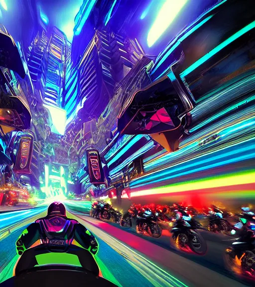 Image similar to extremely psychedelic tron legacy crowded motorcycle race to the ancient and majestic tower of babylon destroyed, hyper realistic, ambient lighting, concept art, intricate, hyper detailed, trakovsky greatest scene, smooth, dynamic volumetric lighting, octane, raytrace, cinematic, high quality, high resolution, 4 k, cgsociety, rutkowski, gurney