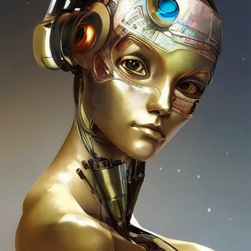 Image similar to female robot, chrome, holding paintbrush, incredibly detailed face, pretty face, true anatomy, art by artgerm and greg rutkowski and alphonse mucha