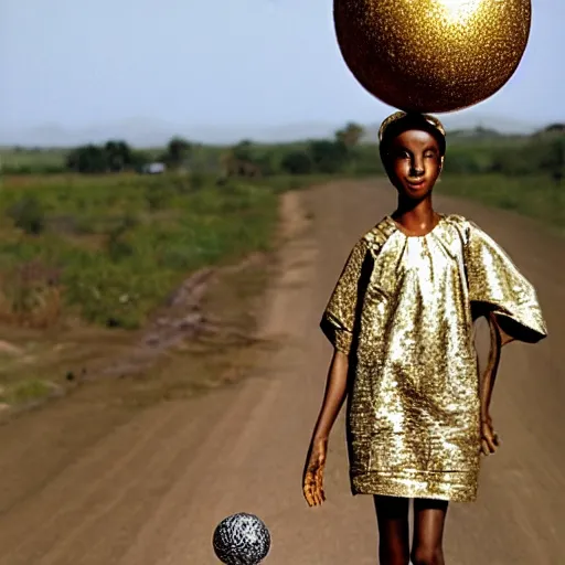 Prompt: early teenage african female dress in gold silks, metallic teal headband, silver sandals stands on a dirt track crossoads carrying a silver ball with a thin long silver chain, by ron mueck