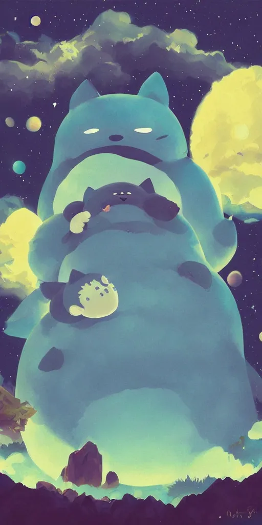 Image similar to giant glowing snorlax totoro, mountain landscape, night sky, digital art, digital painting, celestial, majestic, colorful