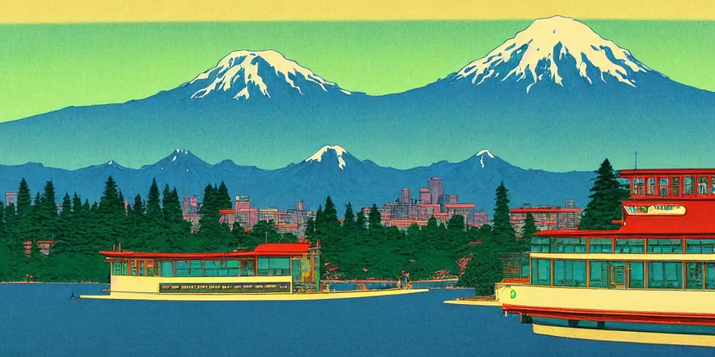 Image similar to seattle with mount rainier in the background, acid and dreaming psychedelic hallucinations, by kawase hasui, moebius and edward hopper, colorful flat surreal design, hd, 8 k, artstation