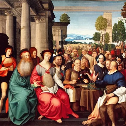 Prompt: People, speaking about science and culture in public place. 4k painting in Renaissance style.