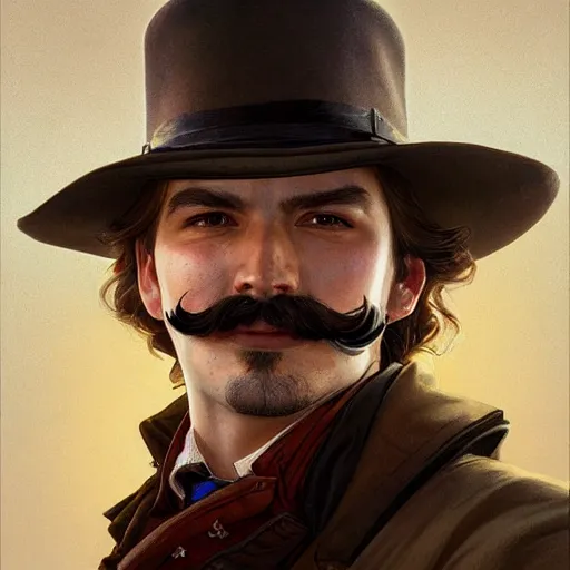 Prompt: Three quarters portrait of a gentleman gunslinger with a moustache, highly detailed, digital painting, art by Stanley Lau and Artgerm and magali villeneuve and Alphonse Mucha, artstation, octane render, cgsociety