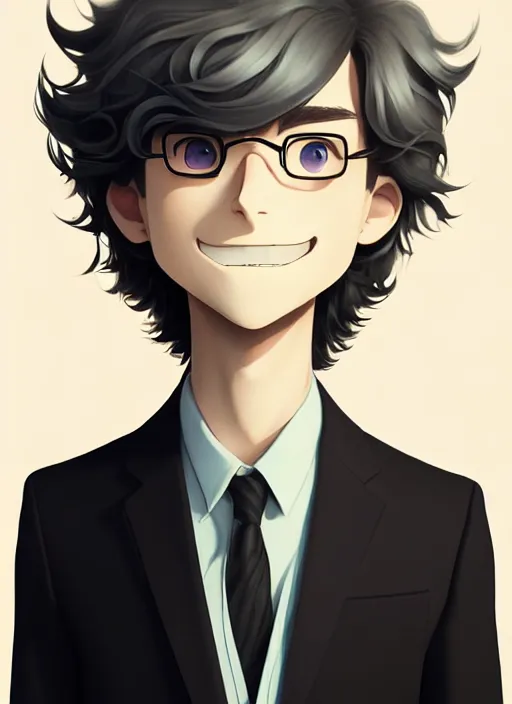 Prompt: young man with medium - length, curly, golden hair, perfectly proportioned face, aquamarine eyes, sweet smile, wearing a black suit, natural lighting, path traced, highly detailed, high quality, cartoon, digital painting, by new haicheng and studio ghibli