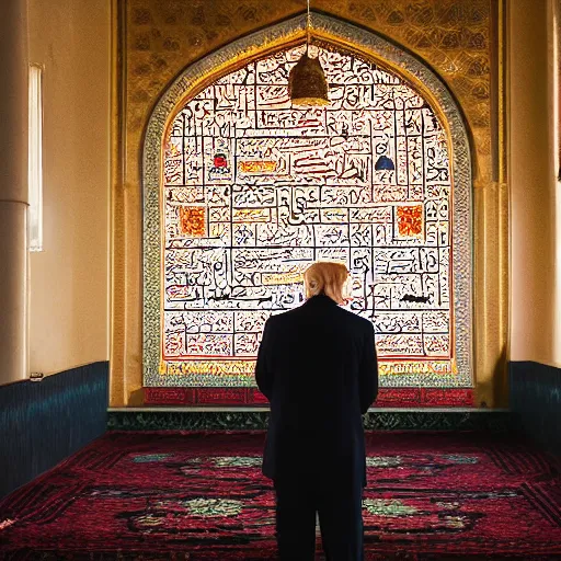 Image similar to Trump praying in mosque, award winning cinematic photography, 50 mm, blurred background, perfect faces