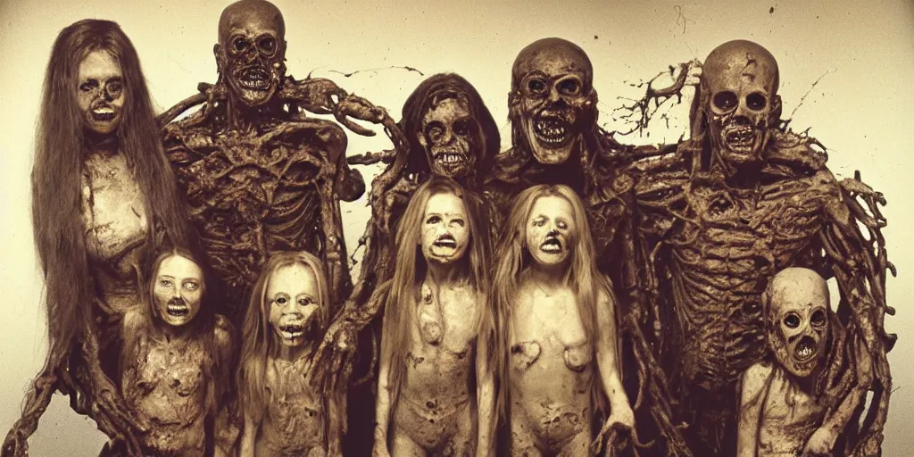 Image similar to studio portrait of a happy creepy mud family by bob bottin and cronenberg, horror grotesque, realistic detailed photography, filth and grim, colorized 1 9 9 0's