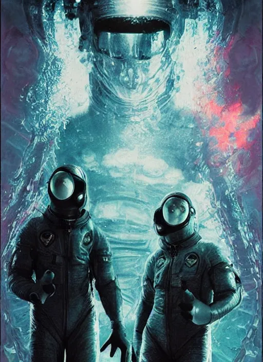 Image similar to astronauts in dark and empty void underwater - complex and hyperdetailed technical suit. reflection and dispersion materials. rays and dispersion of light. volumetric light. 5 0 mm, f / 3 2. noise film photo. flash photography. ultra realistic, wide angle. poster by wayne barlowe, hajime sorayama aaron horkey, craig mullins