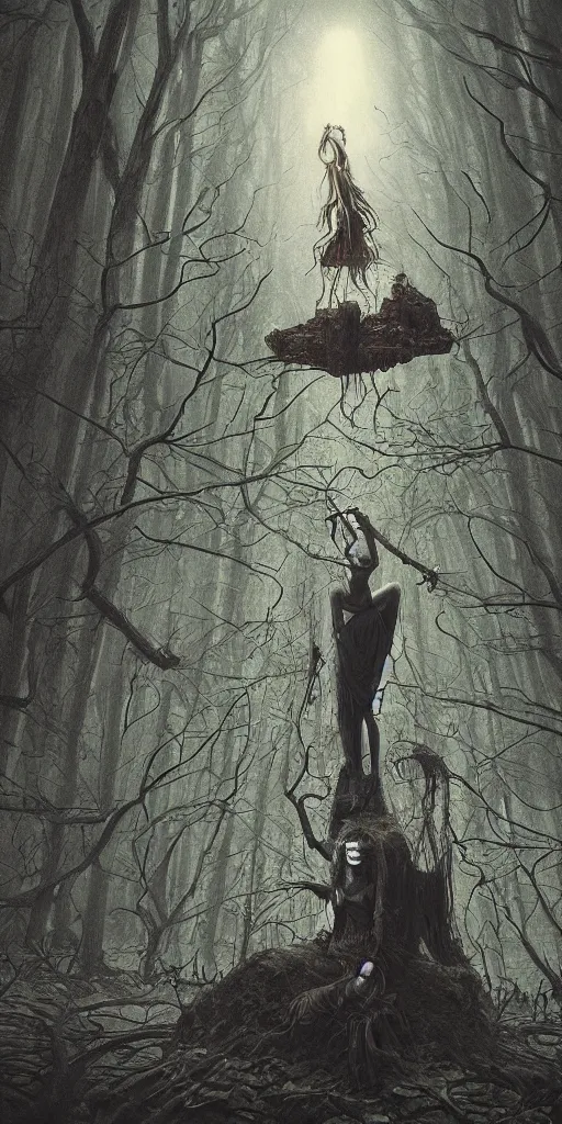 Prompt: a witch in the woods controls floating computer keyboards, magic surrealism, Beksinski, MC Escher, very coherent symmetrical artwork. cinematic, hyper realism, high detail, octane render, 8k