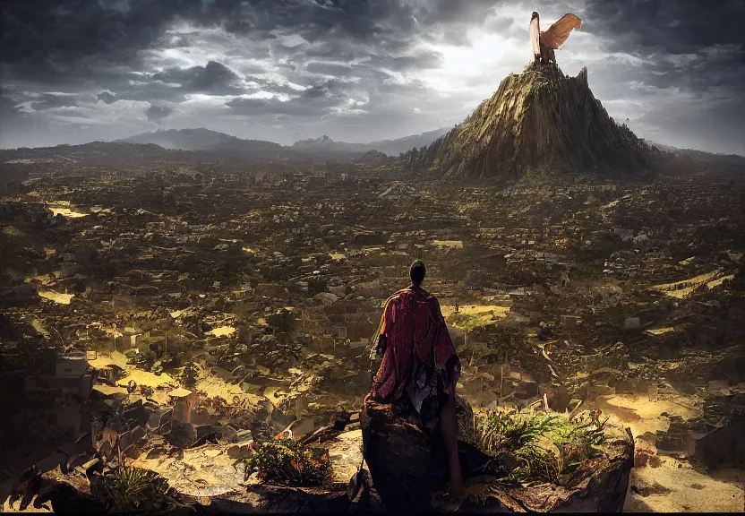 Image similar to “king, looking over his civilization from the top of the hill, digital art, award winning, 4k”