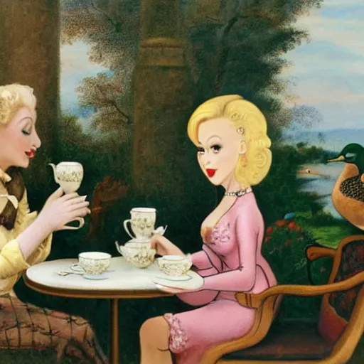 Prompt: A blonde lady having tea at the ritz with a mallard and a pig