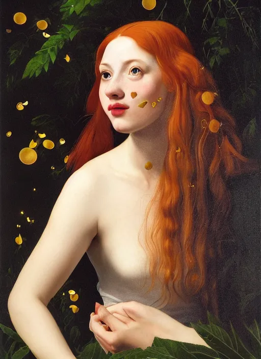 Image similar to a happy a young woman wearing a sophisticated dress, among the lights of golden fireflies and nature, long loose red hair, intricate details, green eyes, freckles on the nose, round gentle face, full figure portrait, golden ratio, high contrast, photorealistic digital art by artemisia lomi gentileschi and caravaggio and tomacz alen kopera.