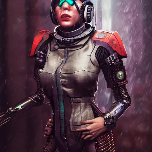 Image similar to An epic fantastic realism comic book style portrait painting of a female cyber warrior by NIXEU trending on arstation, dieselpunk shinny armor, cyberpunk feel raining at tokyo rooftop, Concept world Art, unreal 5, DAZ, hyperrealistic, octane render, cosplay, RPG portrait, dramatic lighting, rom lights