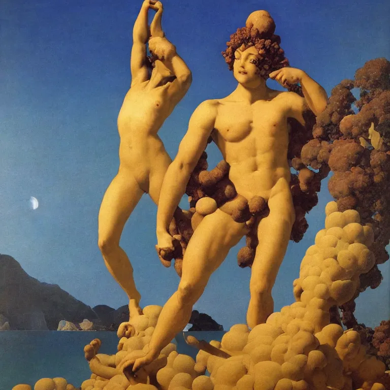 Image similar to A Monumental Public Sculpture of a 'Triumphant Hercules made of Sea Anemone' on a pedestal by the lake, surreal oil painting by Maxfield Parrish and Max Ernst shocking detail hyperrealistic!! Cinematic lighting