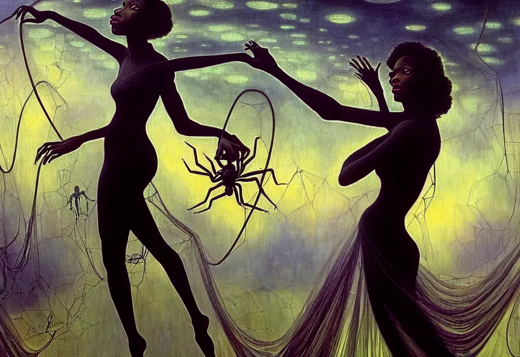 Image similar to realistic detailed portrait movie shot of a single beautiful black woman in a transparent sheer fabric dress dancing with a giant spider, futuristic sci fi landscape background by denis villeneuve, jean delville, yves tanguy, ernst haeckel, alphonse mucha, max ernst, caravaggio, roger dean, sci fi necklace, masterpiece, dreamy, rich moody colours