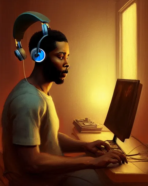 Image similar to light skin black man with headphones at his home studio producing music late at night, very detailed, 4 k, concept art like ernest khalimov, intricate details, highly detailed by greg rutkowski, ilya kuvshinov, gaston bussiere, craig mullins, simon bisley