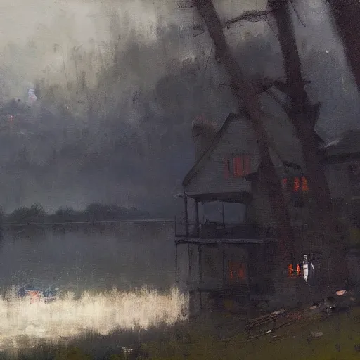 Image similar to a house by the lake painted by jeremy mann