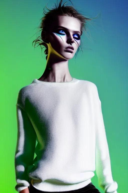 Image similar to stylish pullover for a rave bright colors, many details, photo for a magazine, photo for a store, fashion photography, Vogue, cinematic, hyper realism, high detail, 8k, very coherent symmetrical work, perfect face model, full length photo, Upper and lower body,Soft shadows on the face, white eyes, photographer style by Nik Night Erik Madigan Hec and Walter Chin and Camilla Akrans and Miles Aldridge