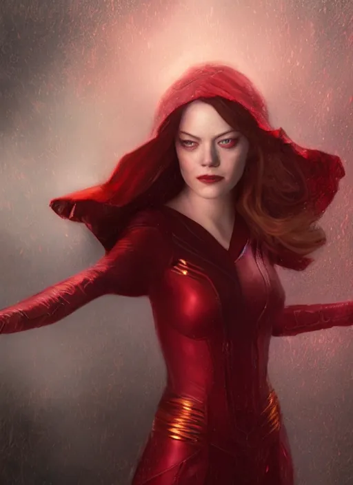 Image similar to portrait of emma stone as the scarlet witch, hyper detailed, digital art, cinematic lighting, studio quality, smooth render, unreal engine 5, octane rendered, art style by klimt and nixeu and ian sprigger and krenz cushart.