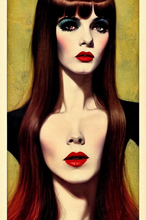 Prompt: portrait 1 9 6 0 s beautiful mod girl, long straight 6 0 s hair with bangs, wearing velvet, vampire, glam, groovy, by brom, tom bagshaw