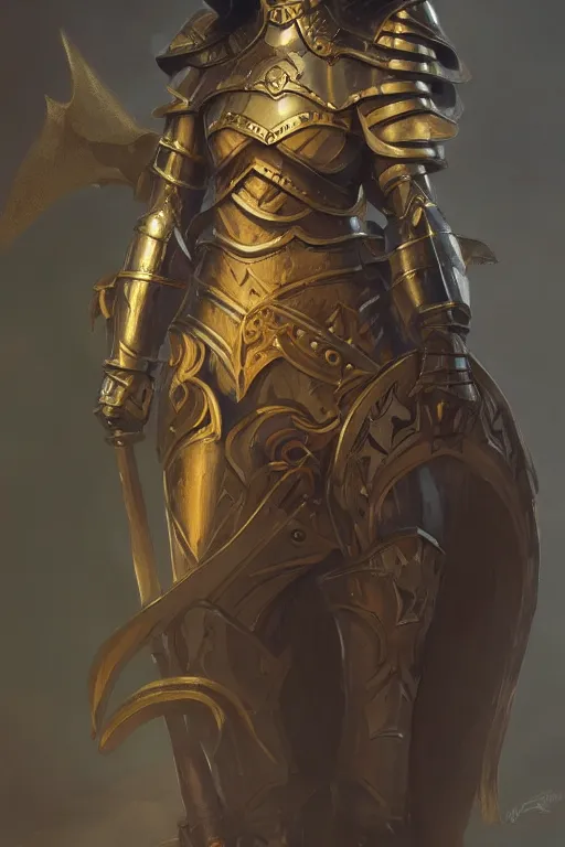 Prompt: beautiful girl knight, full body shot,, medieval armor, helmet, d & d, fantasy, intricate, elegant, golden trims, highly detailed, digital painting, artstation, concept art, matte, sharp focus, illustration, hearthstone, art by artgerm and greg rutkowski and alphonse mucha