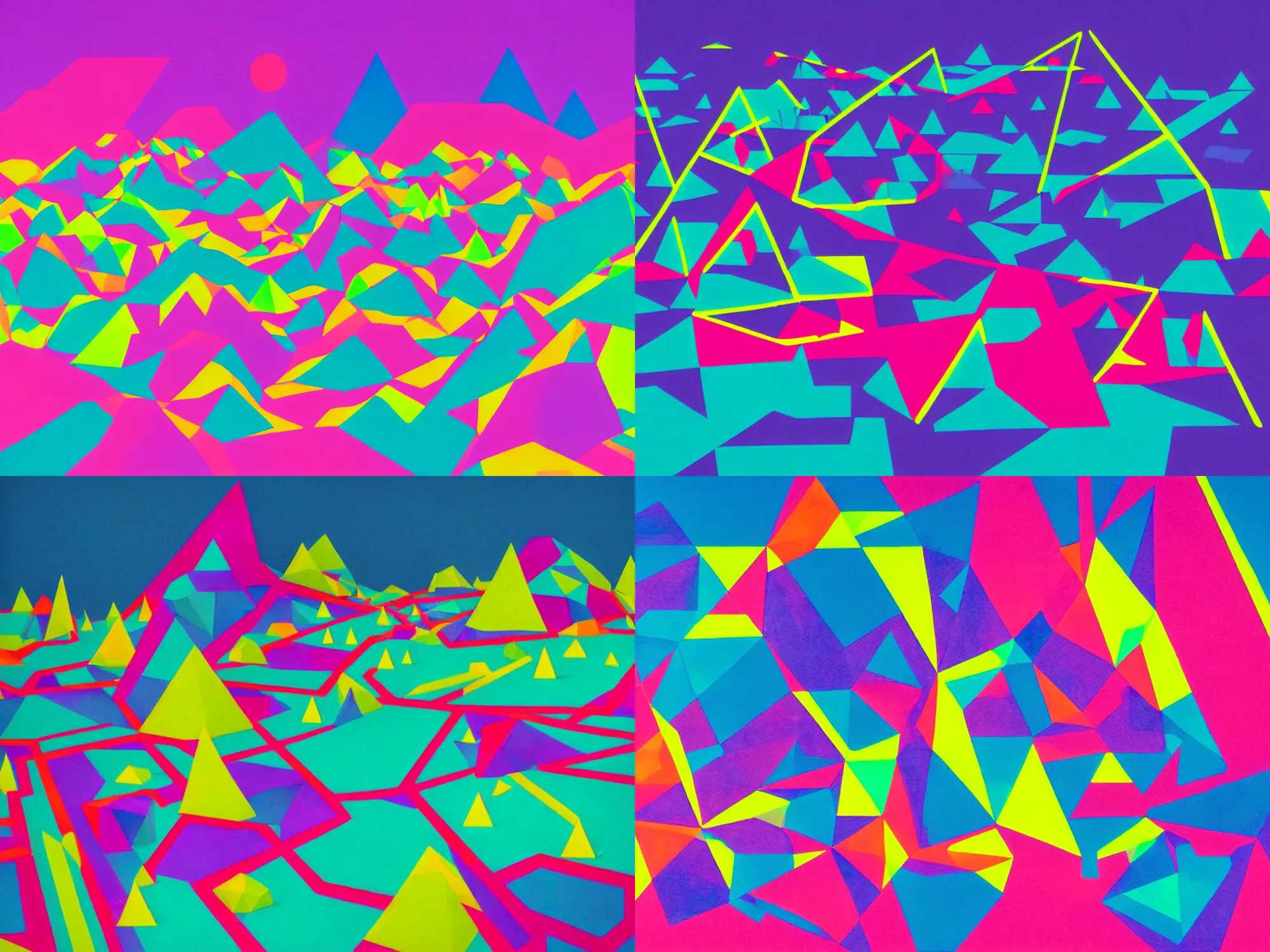 Prompt: the misanthropic paradise, neon geometric inks painting, polygonal joy and loneliness in levitating landscapes