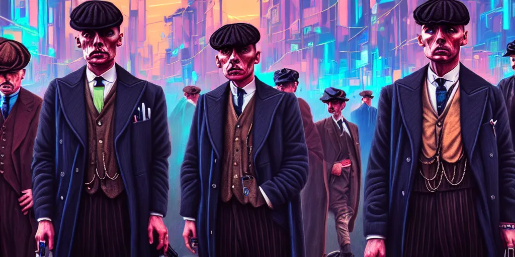 Image similar to Peaky Blinders, in Cyber Punk 2077, in a surreal cyberpunk! style, oil on canvas, 4K highly detailed face