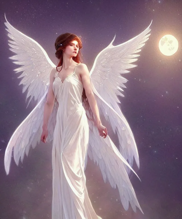 Image similar to Angels in white gauze dresses, the glow of the moonlight, fantasy, intricate, elegant, highly detailed, digital painting, artstation, concept art, matte, sharp focus, illustration, art by Artgerm and Greg Rutkowski and Alphonse Mucha, trending on instagram