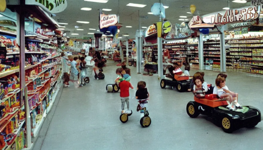 Image similar to 1990s photo of inside the Boring News Grown up errands ride at Universal Studios in Orlando, Florida, children riding on tiny minivans go-carts through a fake grocery store course , flying soccer balls, cinematic, UHD