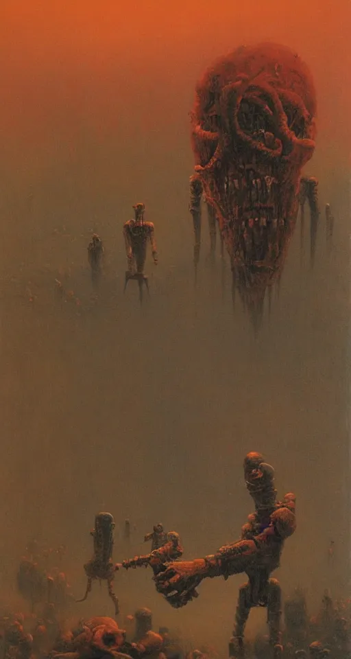 Prompt: Painting in a style of Beksinski featuring a giant robotic monster yelling in the dark, creepy, pain, suffering in the background