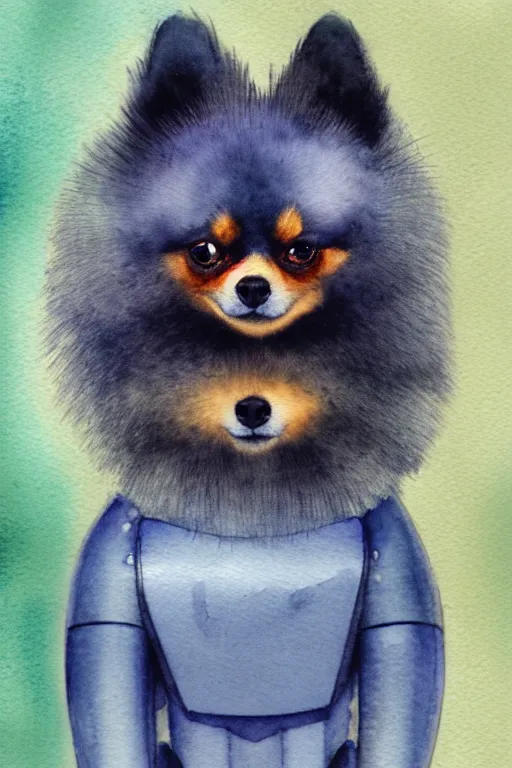 Image similar to a simple and atmospheric watercolour fantasy character concept art portrait of a robotic pomeranian as a druidic warrior wizard looking at the camera with an intelligent gaze, very muted colors, by studio ghibli