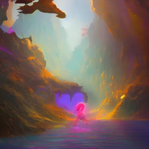 Image similar to landscape of hero with pistol swimming in chromatic SPIRITS in misty mysterious astral temple, beautiful, dmt, trending on artstation, omnious, soft, artwork by Wong, Liam