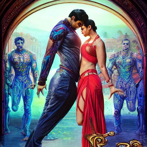 Image similar to perfectly centered bollywood movie promotional poster of anatomically correct hero and heroine romantic pose, faces symmetrical ; real life portrait, ultra realistic, high coherence, intricate, hdr, highly detailed, photorealistic, octane render, 8 k, unreal engine ; art by artgerm, greg rutkowski, charlie bowater, alphonse mucha