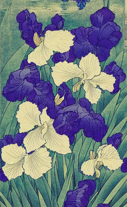 Image similar to by akio watanabe, manga art, iris flowers surface lake, trading card front