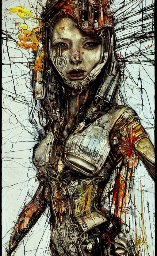 Image similar to woman wearing gown made of mech mask rendered in unreal engine, cyberpunk, rave, scifi, painted by albrecht durer | bernard buffet | carne griffiths | wlop