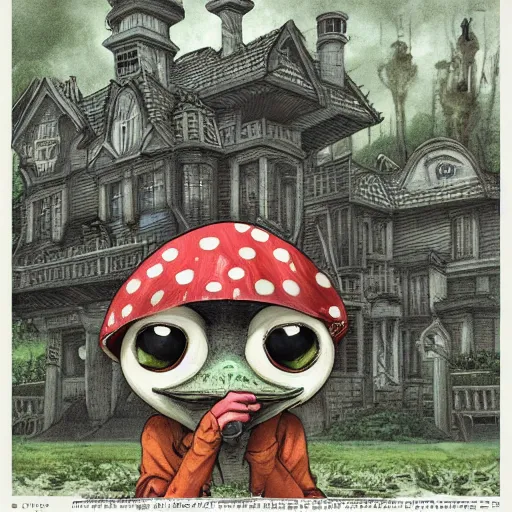 Image similar to A portrait of a scary godlike anthropomorphic frog smoking a cigarette , mansion made of mushrooms in background . award winning. superb resolution. in the art style of junji Ito and greg rutkowski . Detailed Mushroom city in background. Hyper realistic anime. Perfect art. Dalle2