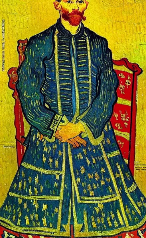 Image similar to detailed expressionist!! oil painting masterpiece portrait of an ancient emperor on his throne!! by van gogh, 8 k resolution, smooth, sharp focus, matte painting, beautiful masterpiece expressionist painting