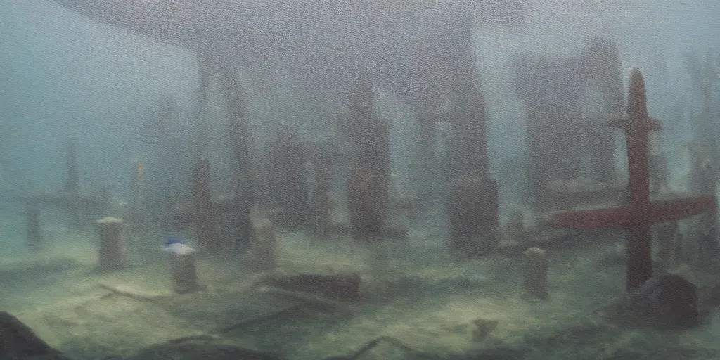 Prompt: an underwater cemetery, unusual landscapes, dim lighting, oil painting