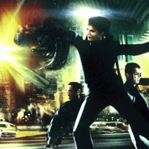 Image similar to trinity fighting cops. Matrix movie screenshot. Epic keyframe.